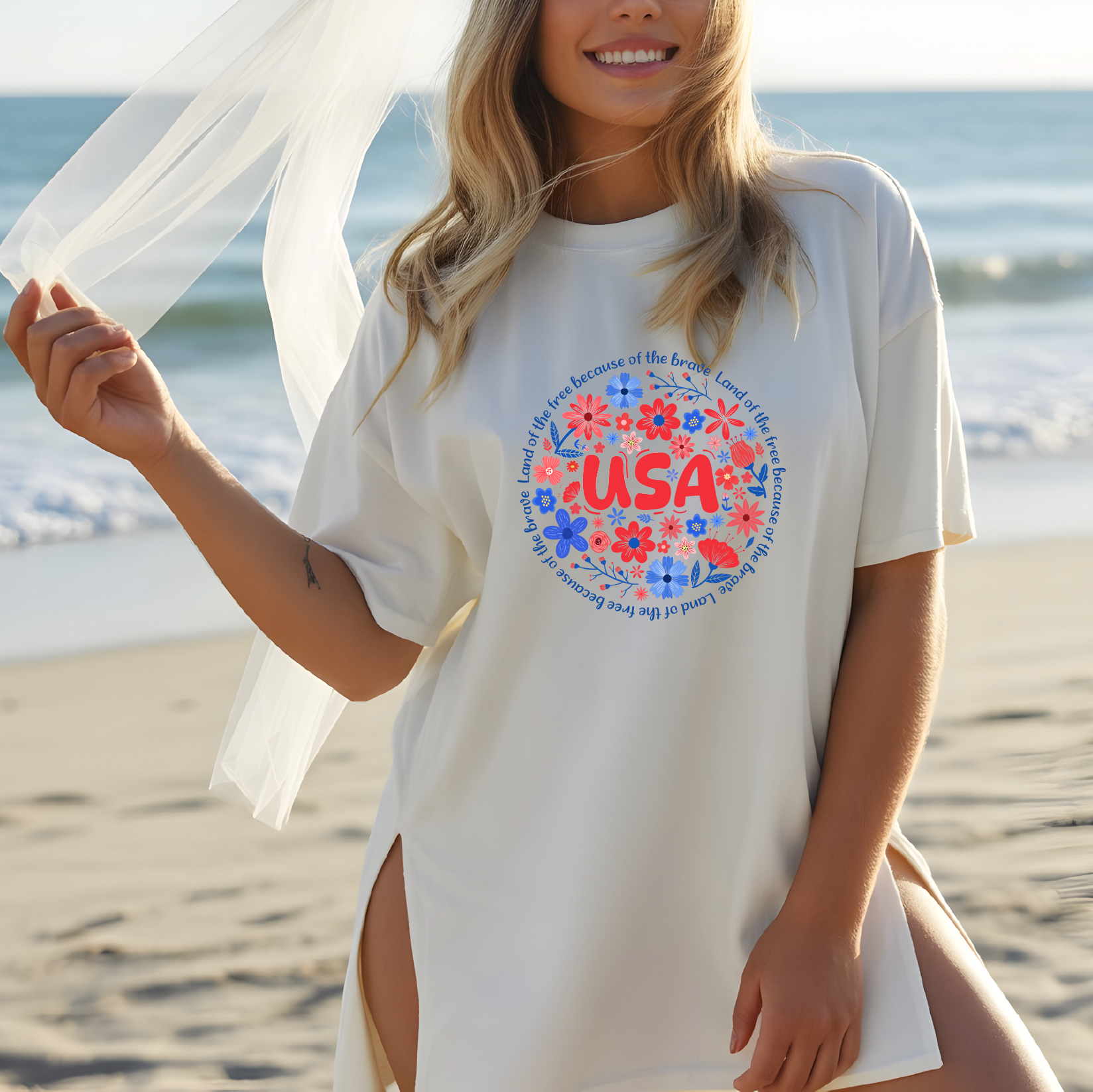 Floral USA DTF Transfer – Patriotic Fourth of July Design